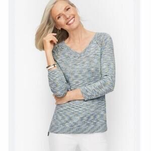 Talbots Space Dye Blue Green Raglan V-Neck Sweater Top Medium
